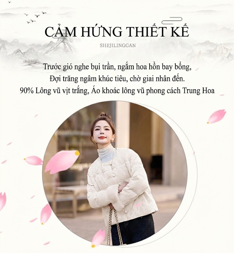 Áo Khoác Phao Nữ Ngắn Tay Thiết Kế Cổ Điển Quốc Phong Bạch Áp Nhung Màu Trắng, Hồng chi tiết 2