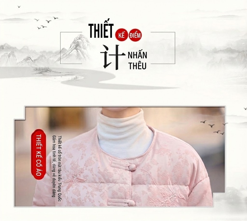 Áo Khoác Phao Nữ Ngắn Tay Thiết Kế Cổ Điển Quốc Phong Bạch Áp Nhung Màu Trắng, Hồng chi tiết 3