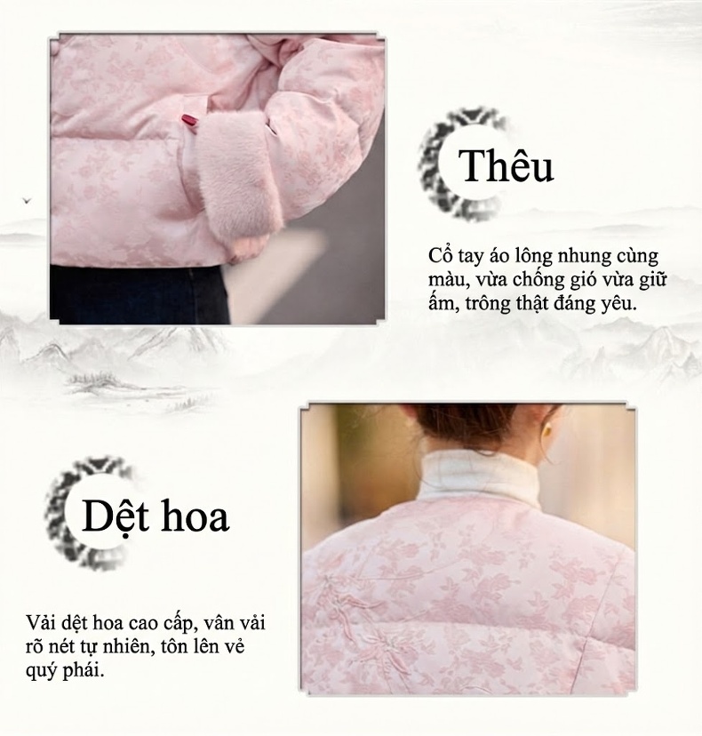 Áo Khoác Phao Nữ Ngắn Tay Thiết Kế Cổ Điển Quốc Phong Bạch Áp Nhung Màu Trắng, Hồng chi tiết 4