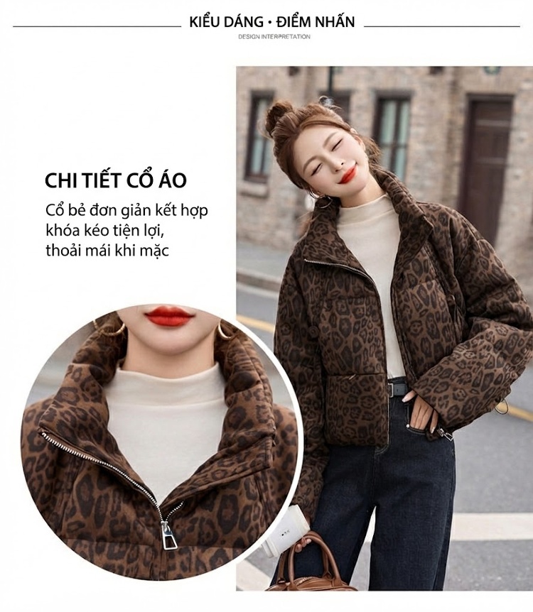 Áo Khoác Phao Nữ Ngắn Tay Thiết Kế Thời Trang Họa Tiết Da Báo Lót Lông Vũ Trắng Màu Nâu Đỏ, Nâu chi tiết 9