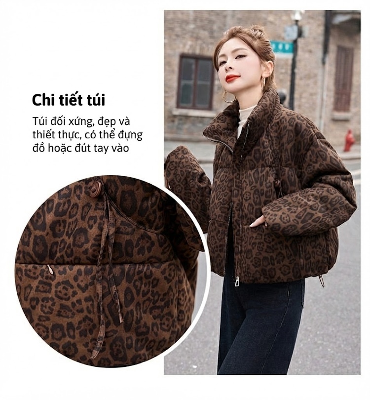 Áo Khoác Phao Nữ Ngắn Tay Thiết Kế Thời Trang Họa Tiết Da Báo Lót Lông Vũ Trắng Màu Nâu Đỏ, Nâu chi tiết 11