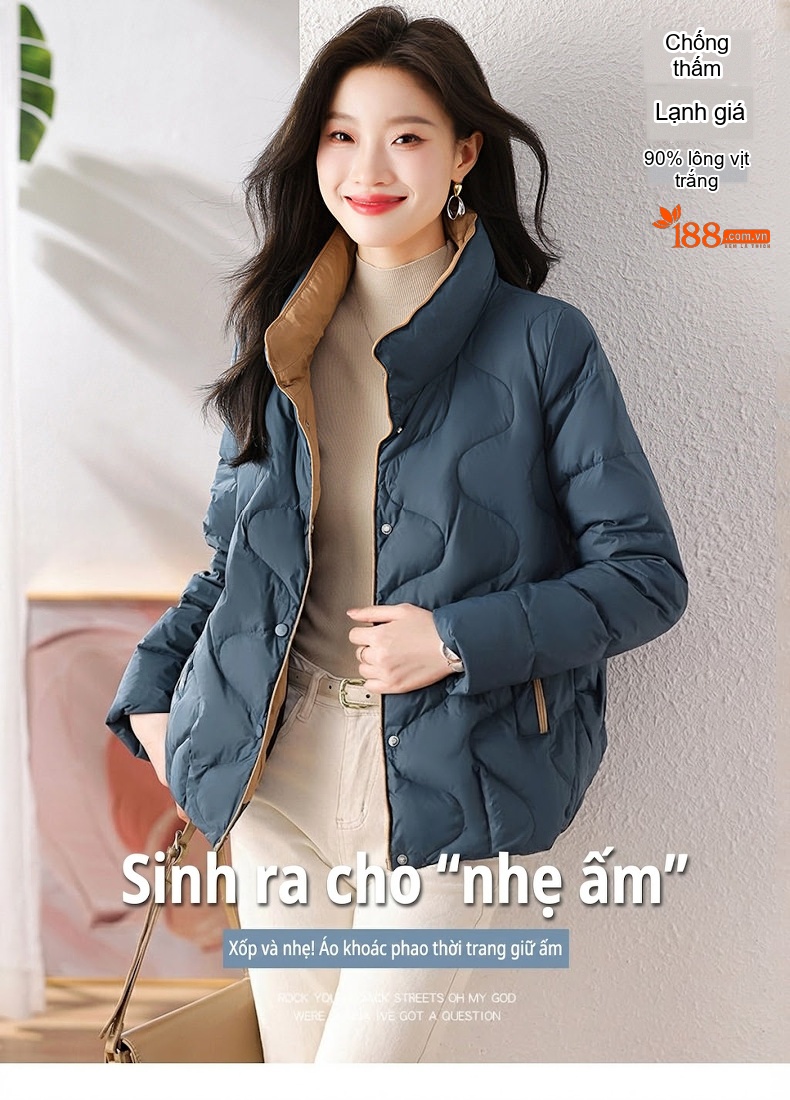 Áo Khoác Phao Nữ Ngắn Tay Thu Đông Trẻ Trung Cao Cấp Màu Đỏ, Xanh Dương, Đen chi tiết 2