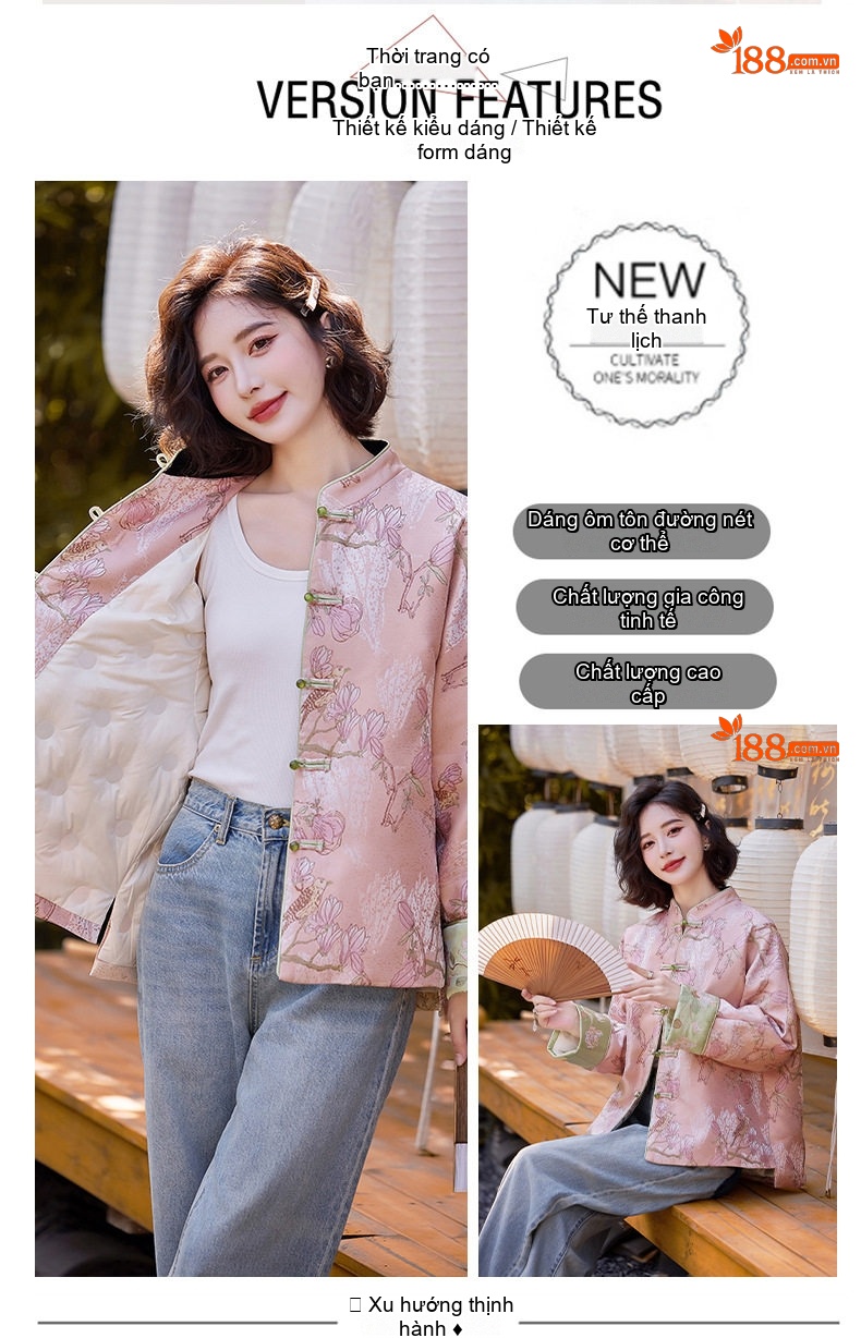 Áo Khoác Phao Nữ Ngắn Thêu Hoa Phong Cách Trung Hoa Cổ Điển Màu Hồng chi tiết 2