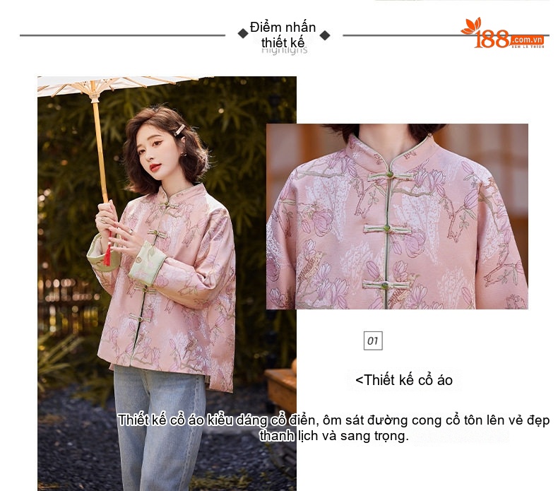 Áo Khoác Phao Nữ Ngắn Thêu Hoa Phong Cách Trung Hoa Cổ Điển Màu Hồng chi tiết 4