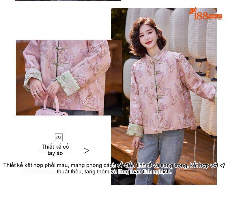 Áo Khoác Phao Nữ Ngắn Thêu Hoa Phong Cách Trung Hoa Cổ Điển Màu Hồng chi tiết 5