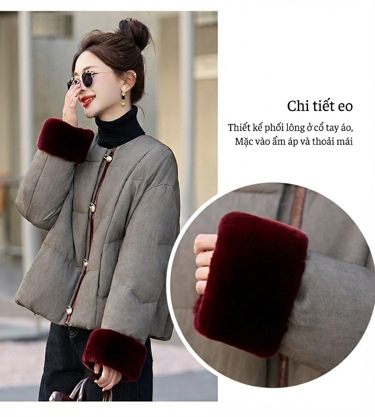 Áo Khoác Phao Nữ Tay Áo Lông Thú Giả Cúc Vàng Ấm Áp Màu Xám chi tiết 12