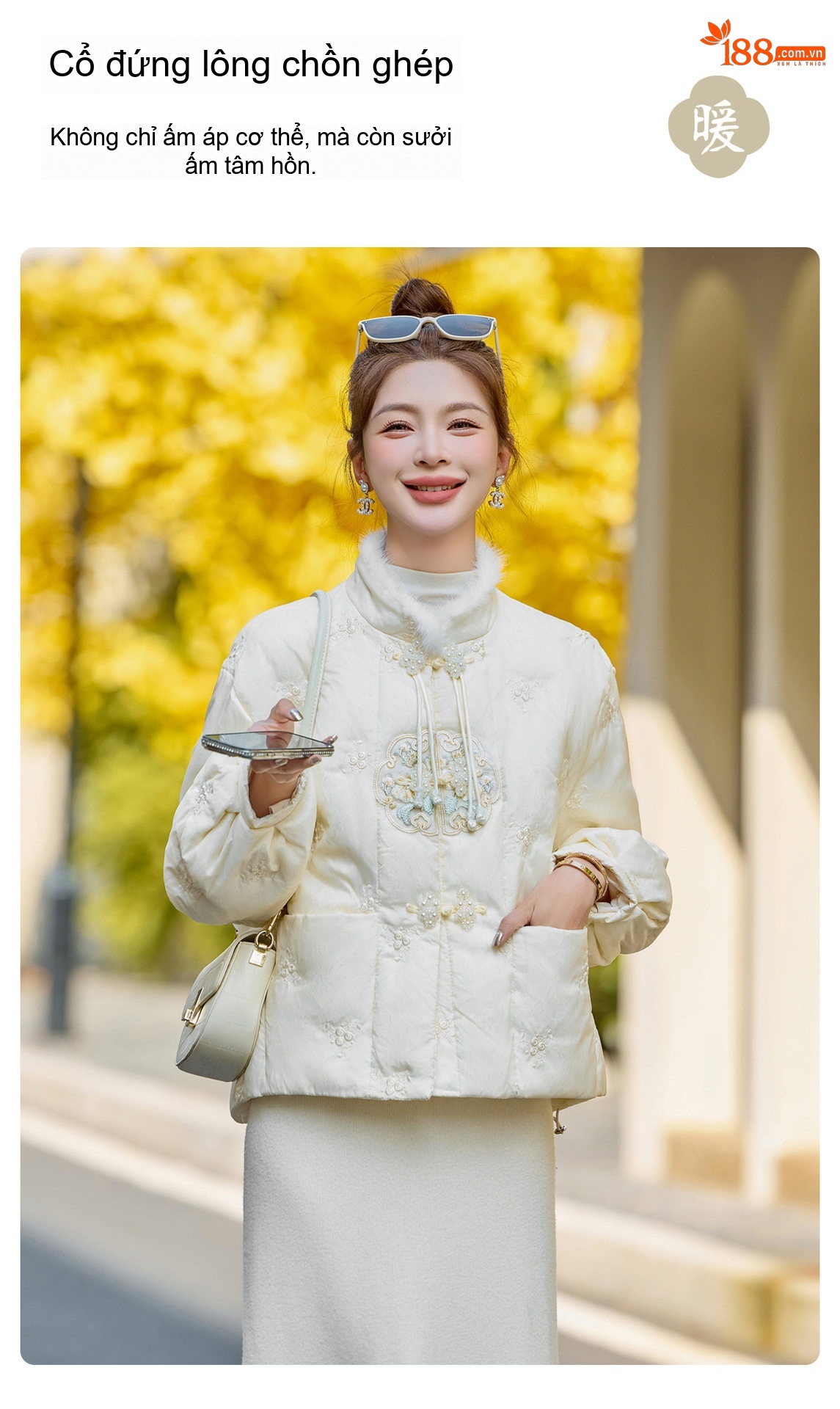 Áo Khoác Phao Nữ Thêu Hoa Tân Thời, Dáng Rộng, Giữ Ấm, Nhẹ, Lông Vịt Trắng, Màu Trắng Kem chi tiết 10