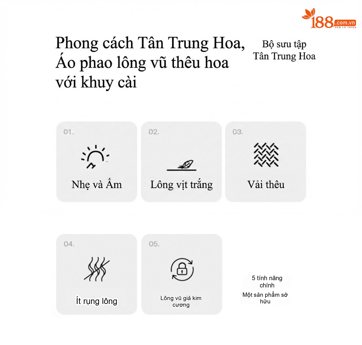 Áo Khoác Phao Nữ Thêu Hoa Tân Thời, Dáng Rộng, Giữ Ấm, Nhẹ, Lông Vịt Trắng, Màu Trắng Kem chi tiết 5
