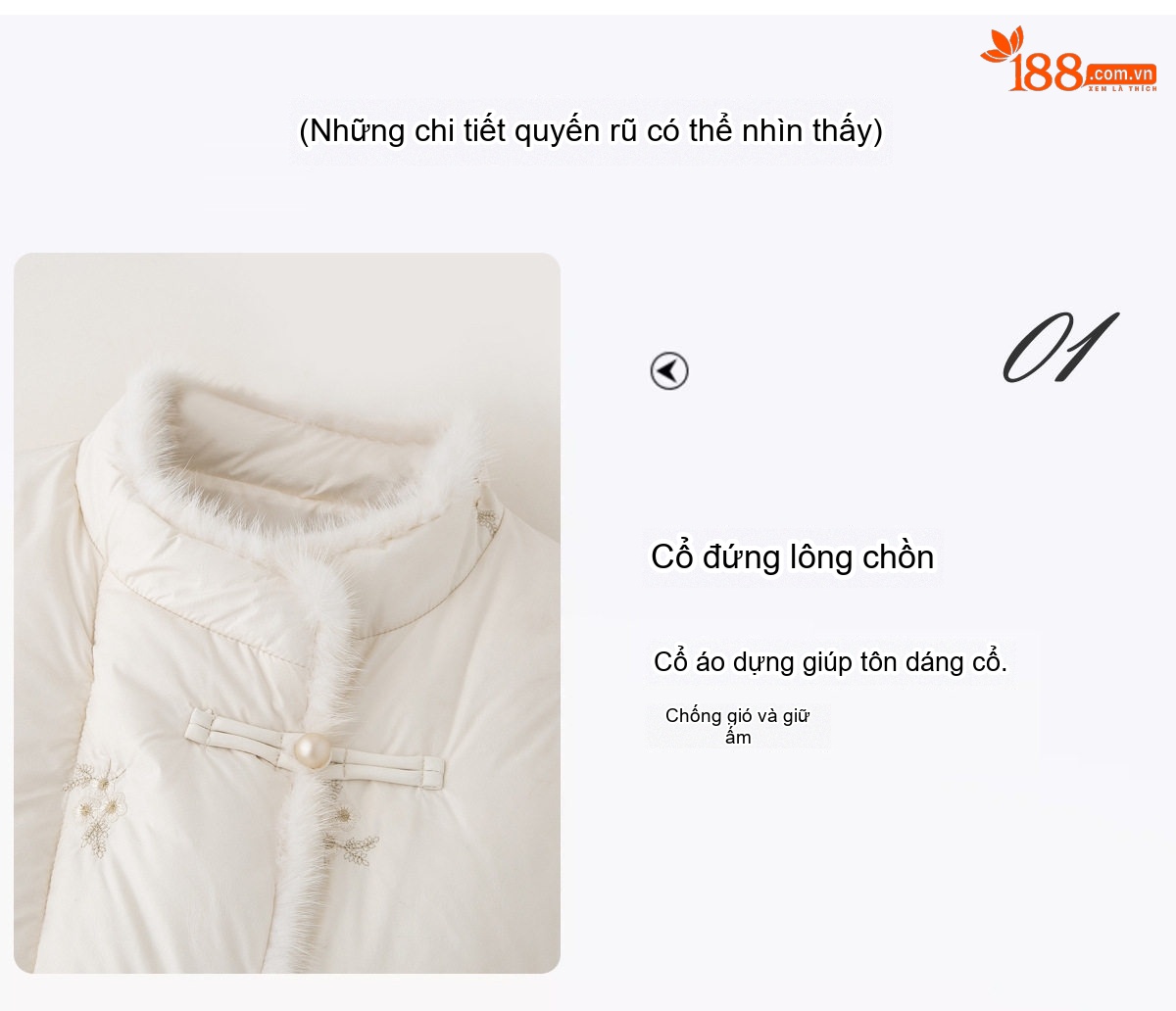 Áo Khoác Phao Nữ Thêu Họa Tiết Nhẹ Mỏng Giữ Ấm Màu Trắng Kem chi tiết 17