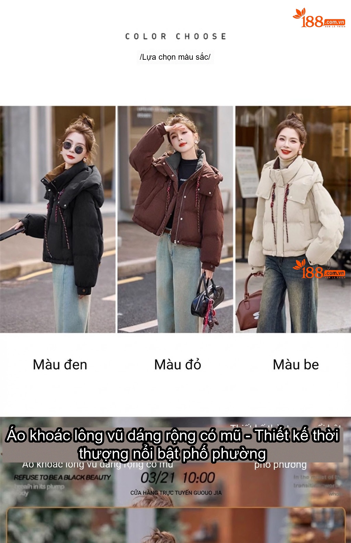 Áo Khoác Phao Nữ Thiết Kế Dáng Ngắn Có Mũ Trùm Đầu Chất Liệu Lông Vũ Màu Nâu, Be, Đen chi tiết 2