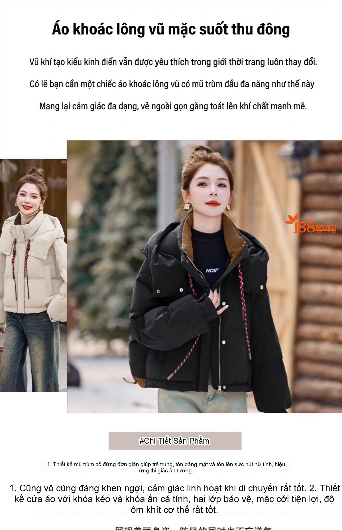 Áo Khoác Phao Nữ Thiết Kế Dáng Ngắn Có Mũ Trùm Đầu Chất Liệu Lông Vũ Màu Nâu, Be, Đen chi tiết 6