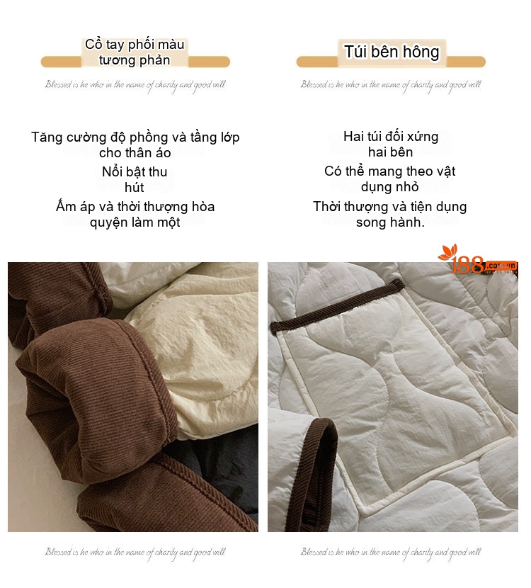 Áo Khoác Phao Nữ Trám Ô Cổ Bẻ Tay Bo Chun Màu Trắng, Nâu chi tiết 11