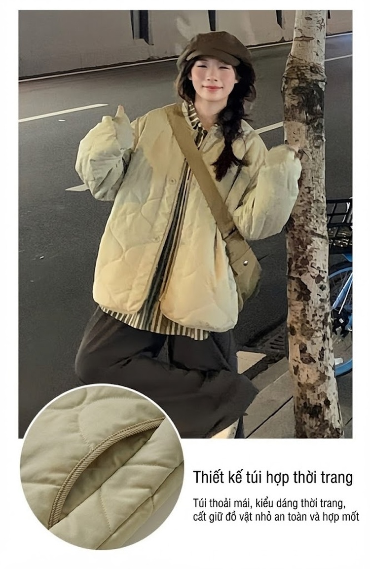 Áo Khoác Phao Nữ Trám Ô Thiết Kế Tiểu Trà Hàn Quốc, Áo Cotton Lót Bông Ngắn Tay Dài Form Rộng Màu Be chi tiết 9