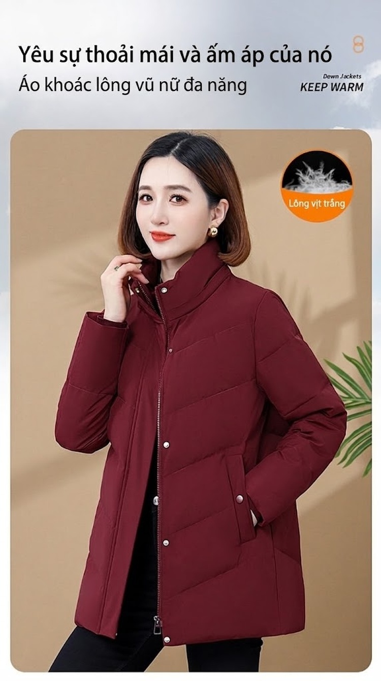 Áo Khoác Phao Nữ Trung Niên Lót Lông Vũ Ngắn Có Mũ Trùm Đầu Giữ Ấm Màu Đỏ, Đen, Tím... chi tiết 1