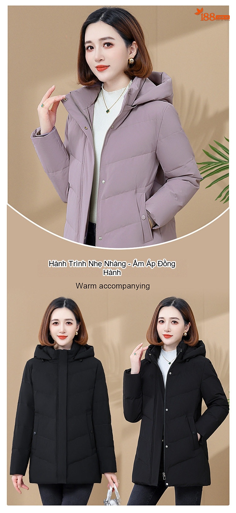 Áo Khoác Phao Nữ Trung Niên Lót Lông Vũ Ngắn Có Mũ Trùm Đầu Giữ Ấm Màu Đỏ, Đen, Tím... chi tiết 2