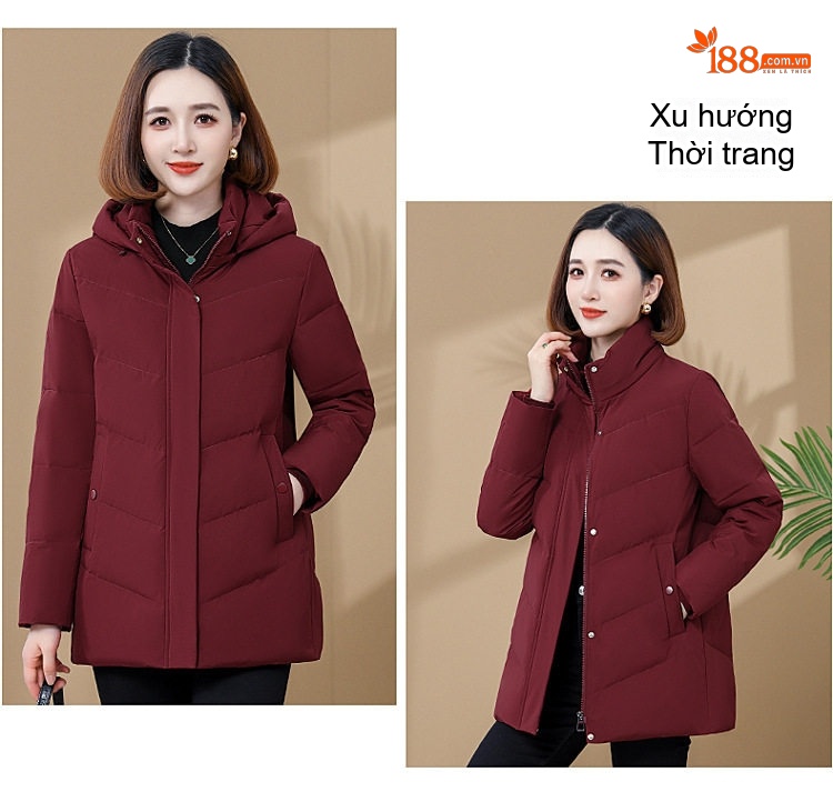 Áo Khoác Phao Nữ Trung Niên Lót Lông Vũ Ngắn Có Mũ Trùm Đầu Giữ Ấm Màu Đỏ, Đen, Tím... chi tiết 10