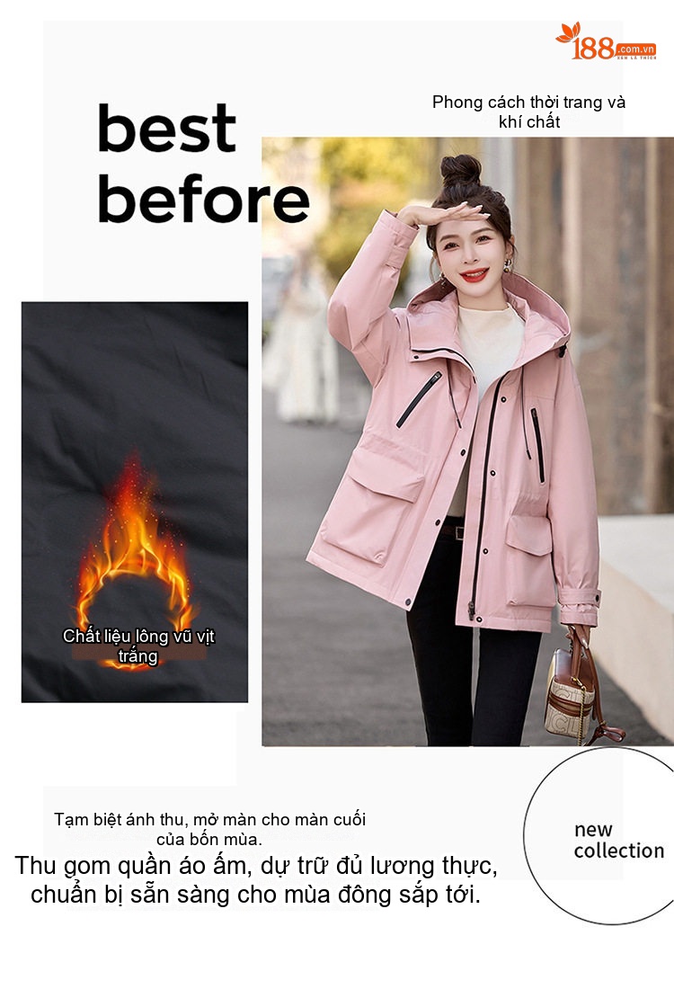 Áo Khoác Phao Parka Nữ Dáng Dài Vừa Thu Đông Cao Cấp Trắng Vịt Ấm Áp Màu Vàng, Trắng Kem, Hồng, Đen chi tiết 3