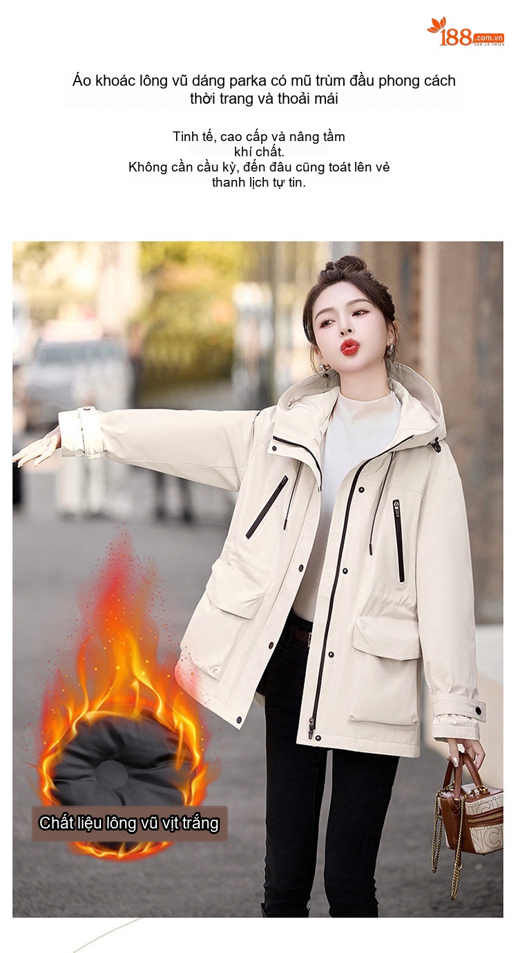 Áo Khoác Phao Parka Nữ Dáng Dài Vừa Thu Đông Cao Cấp Trắng Vịt Ấm Áp Màu Vàng, Trắng Kem, Hồng, Đen chi tiết 5
