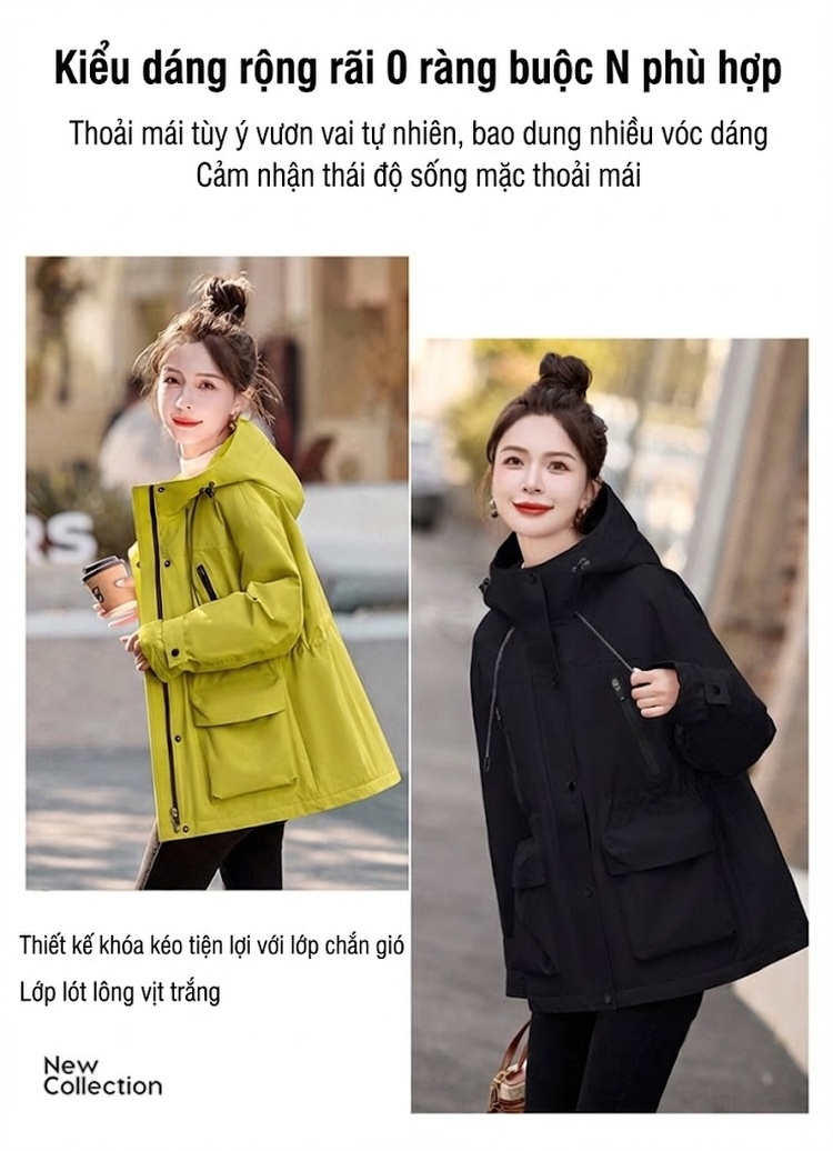 Áo Khoác Phao Parka Nữ Dáng Dài Vừa Thu Đông Cao Cấp Trắng Vịt Ấm Áp Màu Vàng, Trắng Kem, Hồng, Đen chi tiết 7