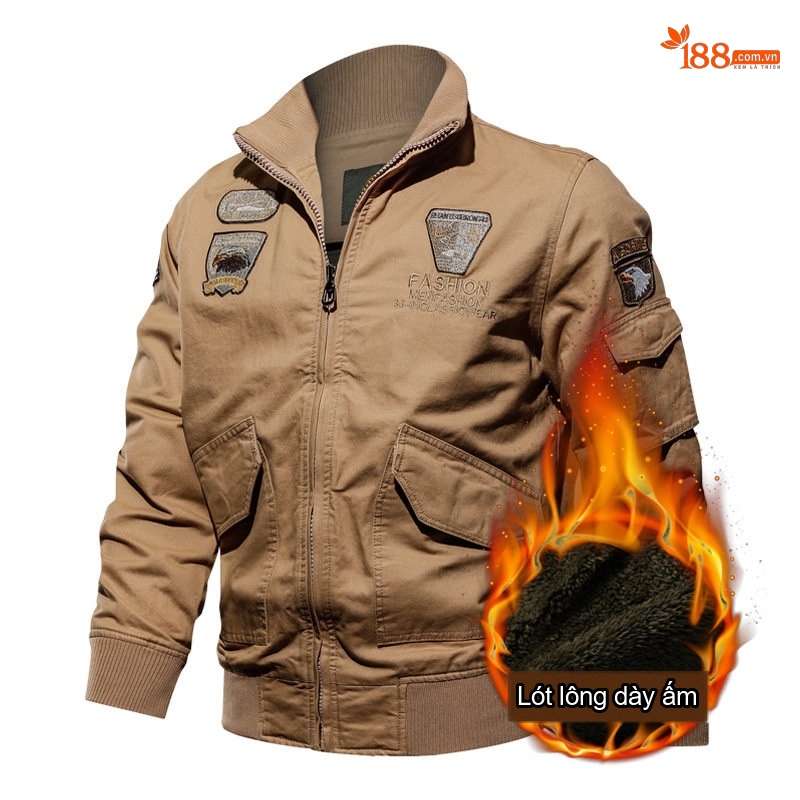 Áo Khoác Quân Đội Nam Cotton Dày Dặn Lót Lông Mùa Đông Dáng Bomber Màu Xanh Olive, Đen, Nâu