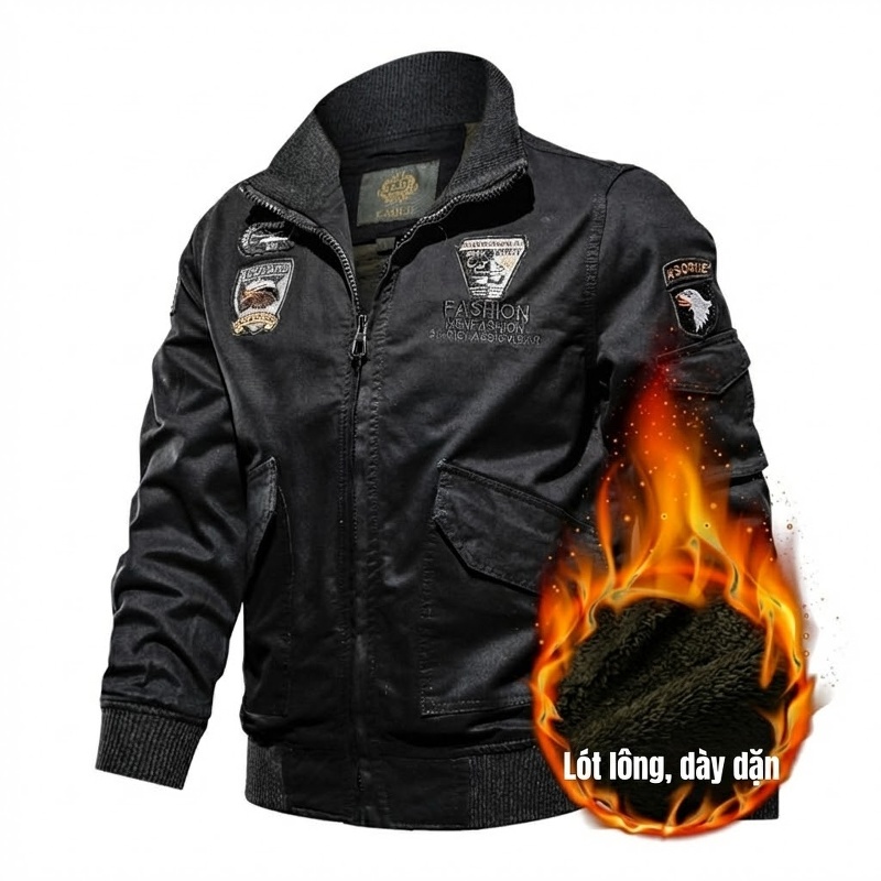 Áo Khoác Quân Đội Nam Cotton Dày Dặn Lót Lông Mùa Đông Dáng Bomber Màu Xanh Olive, Đen, Nâu