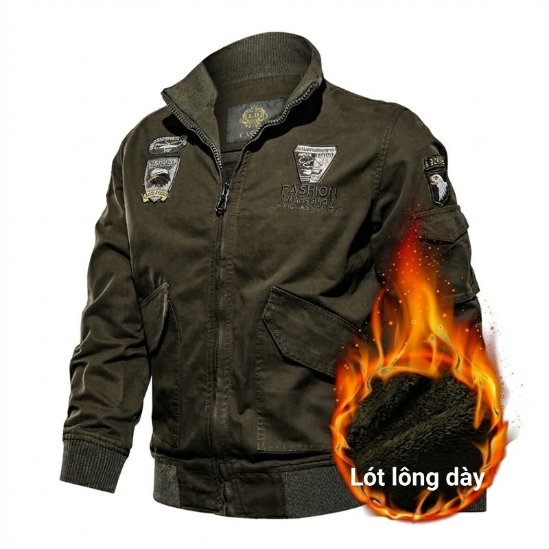 Áo Khoác Quân Đội Nam Cotton Dày Dặn Lót Lông Mùa Đông Dáng Bomber Màu Xanh Olive, Đen, Nâu chi tiết 2