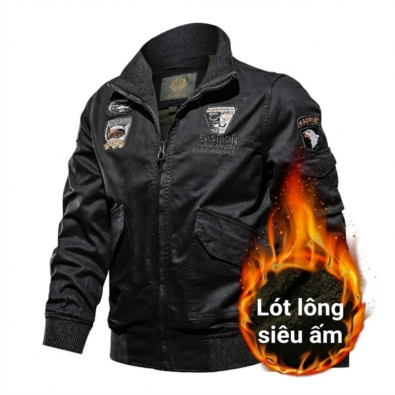 Áo Khoác Quân Đội Nam Cotton Dày Dặn Lót Lông Mùa Đông Dáng Bomber Màu Xanh Olive, Đen, Nâu chi tiết 3