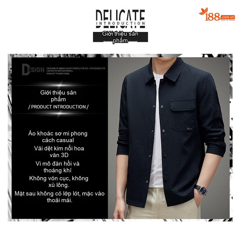 Áo Khoác Sơ Mi Nam Mỏng Dáng Ôm Cổ Bẻ Phong Cách Business Casual Màu Xám, Cam, Xanh Navy, Đen chi tiết 4