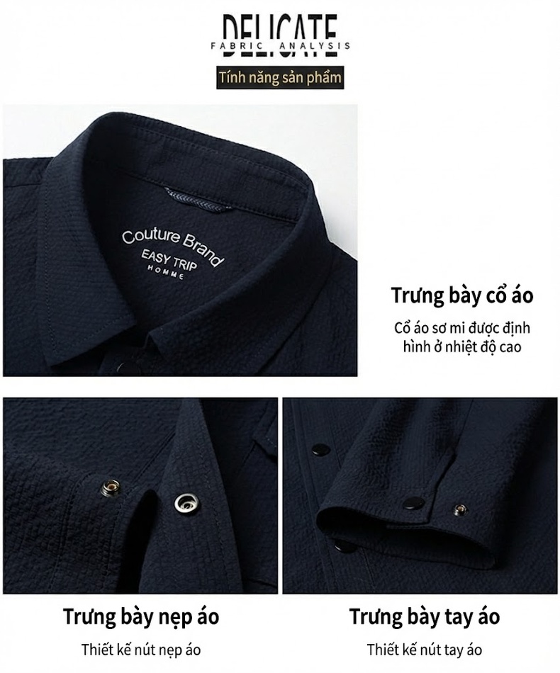 Áo Khoác Sơ Mi Nam Mỏng Dáng Ôm Cổ Bẻ Phong Cách Business Casual Màu Xám, Cam, Xanh Navy, Đen chi tiết 5