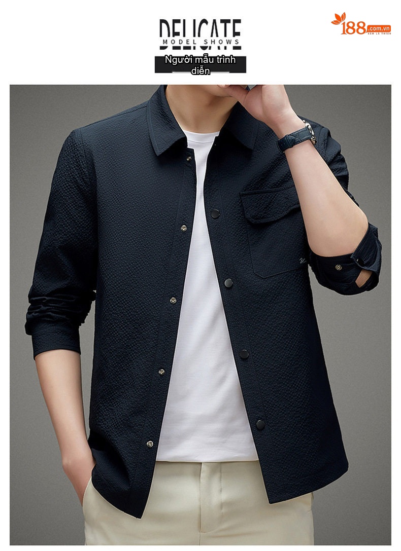 Áo Khoác Sơ Mi Nam Mỏng Dáng Ôm Cổ Bẻ Phong Cách Business Casual Màu Xám, Cam, Xanh Navy, Đen chi tiết 7