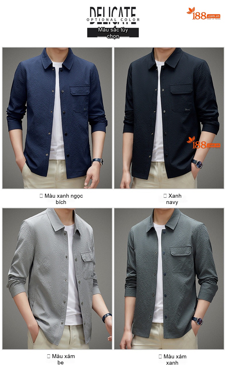 Áo Khoác Sơ Mi Nam Mỏng Dáng Ôm Cổ Bẻ Phong Cách Business Casual Màu Xám, Cam, Xanh Navy, Đen chi tiết 6