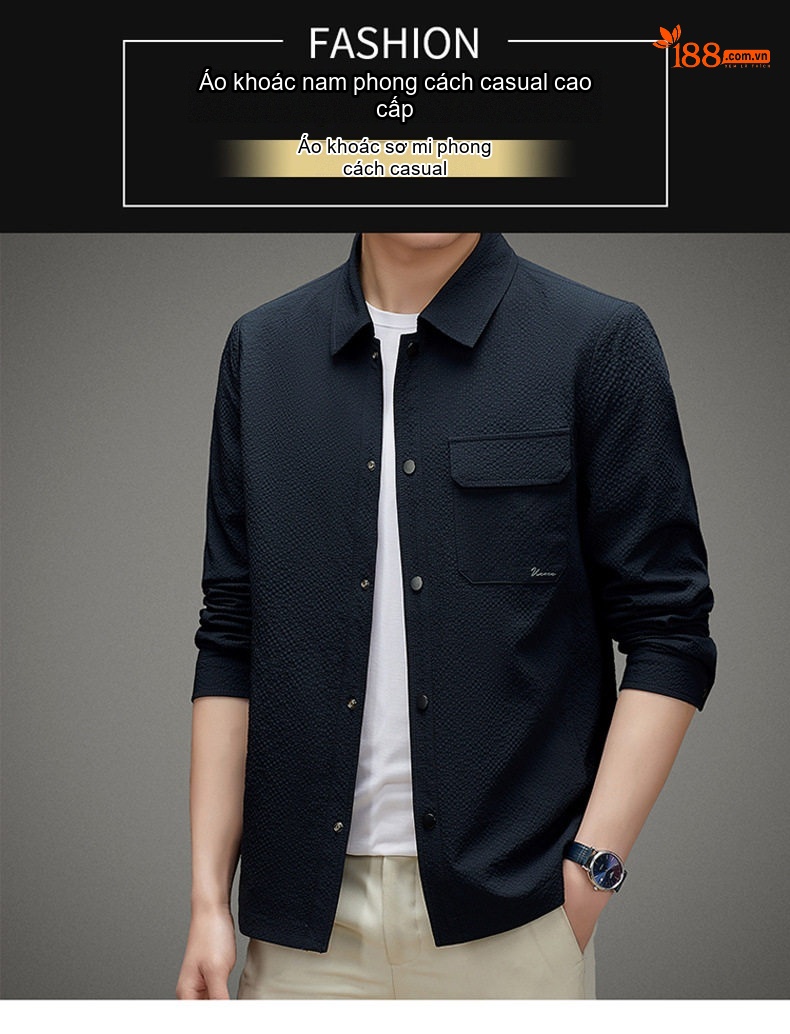 Áo Khoác Sơ Mi Nam Mỏng Dáng Ôm Cổ Bẻ Phong Cách Business Casual Màu Xám, Cam, Xanh Navy, Đen chi tiết 2
