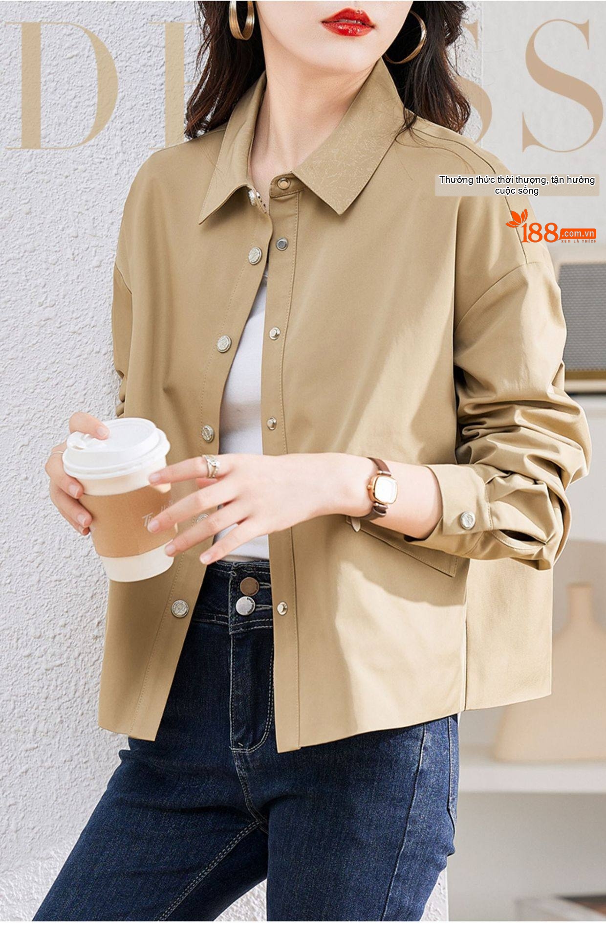 Áo Khoác Sơ Mi Nữ Kiểu Ngắn Thiết Kế Thanh Lịch Thu Đông Màu Đen, Be chi tiết 1