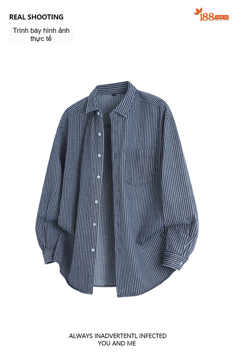 Áo Khoác Sọc Dài Tay Nam Cổ Denim Phong Cách Casual Màu Xanh chi tiết 7