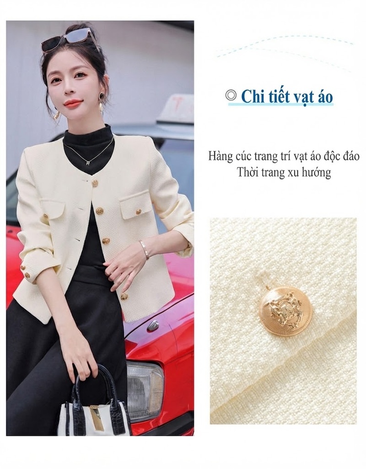 Áo Khoác Tiểu Thư Ngắn Tay Dài Phong Cách Tiểu Hương Màu Trắng, Đen chi tiết 11