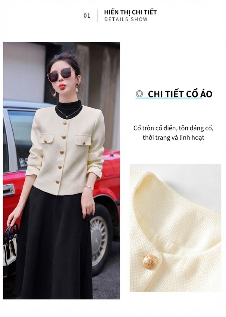Áo Khoác Tiểu Thư Ngắn Tay Dài Phong Cách Tiểu Hương Màu Trắng, Đen chi tiết 9