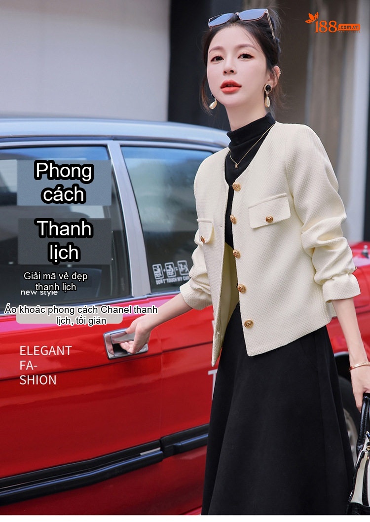 Áo Khoác Tiểu Thư Ngắn Tay Dài Phong Cách Tiểu Hương Màu Trắng, Đen chi tiết 1