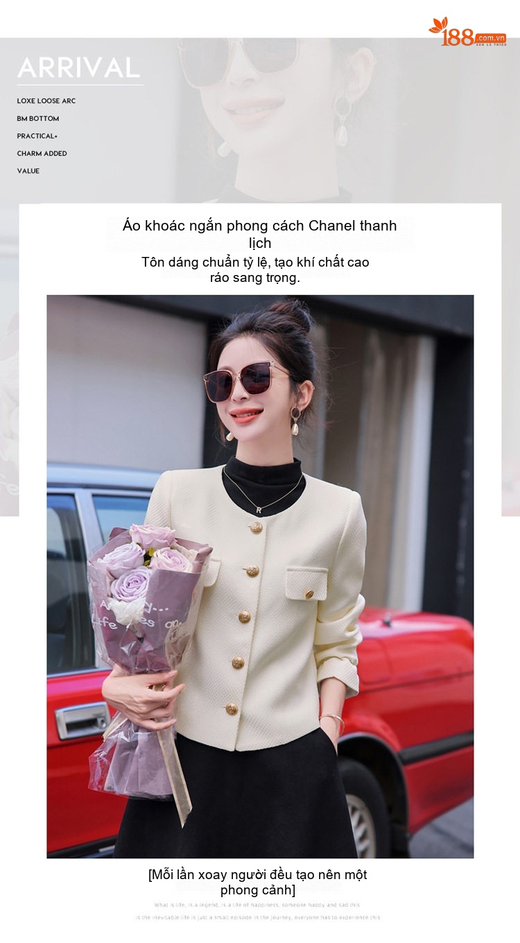 Áo Khoác Tiểu Thư Ngắn Tay Dài Phong Cách Tiểu Hương Màu Trắng, Đen chi tiết 6