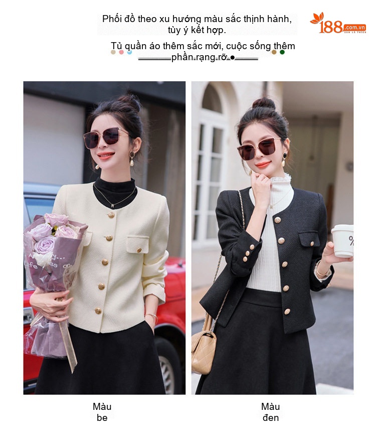 Áo Khoác Tiểu Thư Ngắn Tay Dài Phong Cách Tiểu Hương Màu Trắng, Đen chi tiết 8