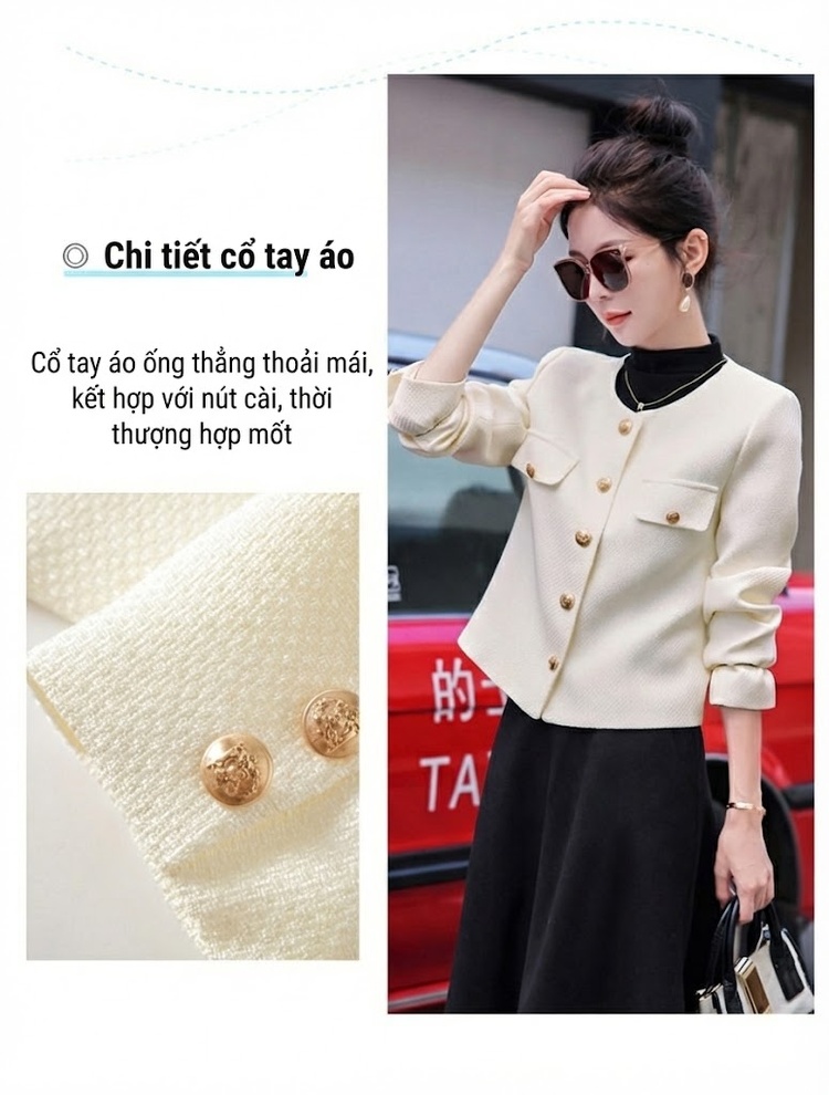 Áo Khoác Tiểu Thư Ngắn Tay Dài Phong Cách Tiểu Hương Màu Trắng, Đen chi tiết 10
