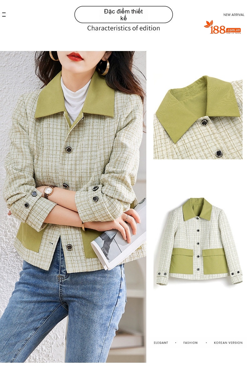 Áo Khoác Tiểu Thư Tay Dài Ngắn Dáng Croptop Thiết Kế Kẻ Caro Màu Xanh Lá, Xanh Dương, Đen chi tiết 3