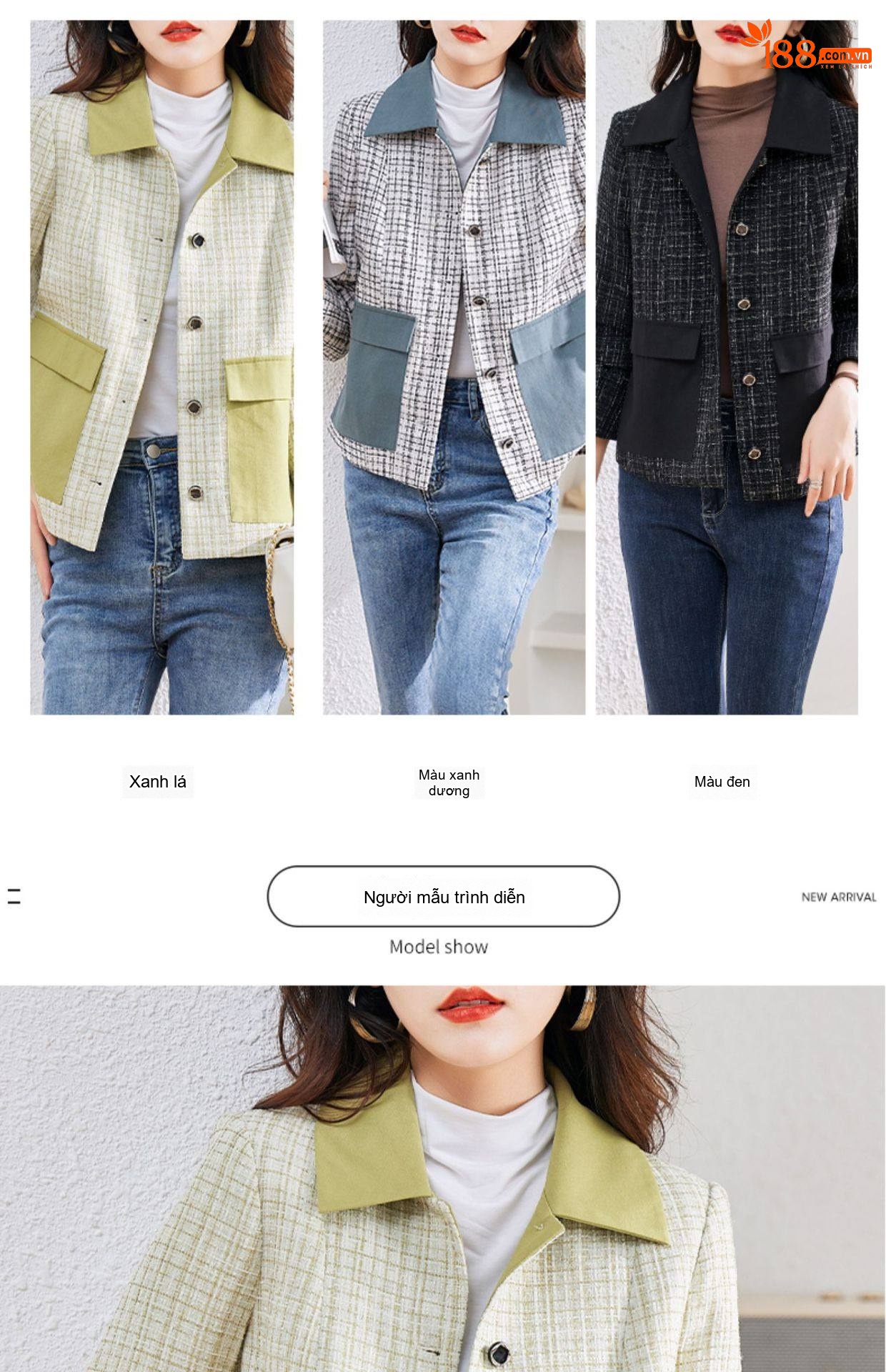 Áo Khoác Tiểu Thư Tay Dài Ngắn Dáng Croptop Thiết Kế Kẻ Caro Màu Xanh Lá, Xanh Dương, Đen chi tiết 8