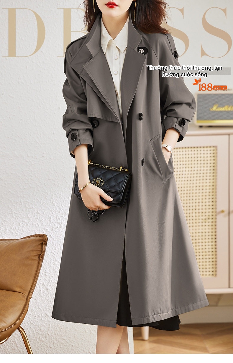 Áo Khoác Trench Coat Nữ Dáng Dài Vừa Phong Cách Anh Quốc Màu Be, Xám, Xanh Olive chi tiết 1