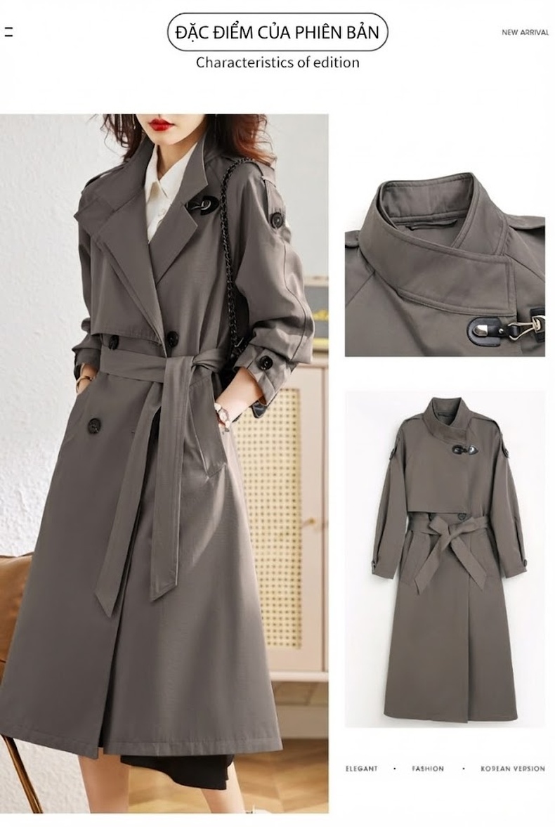 Áo Khoác Trench Coat Nữ Dáng Dài Vừa Phong Cách Anh Quốc Màu Be, Xám, Xanh Olive chi tiết 3