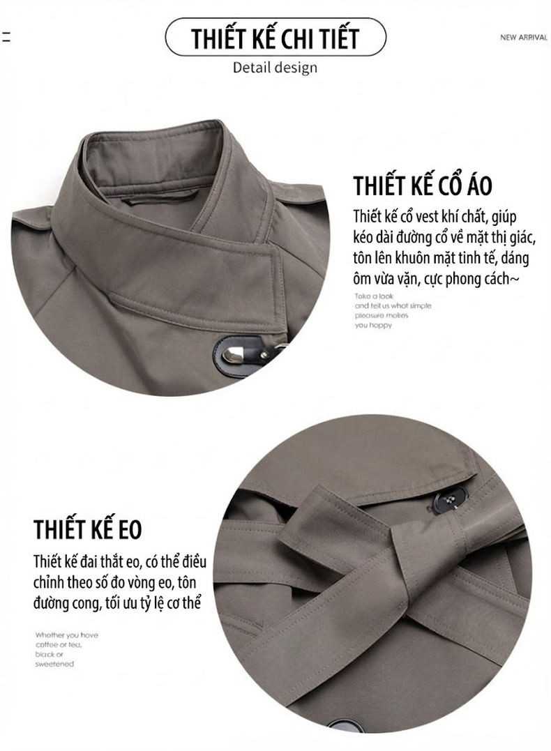 Áo Khoác Trench Coat Nữ Dáng Dài Vừa Phong Cách Anh Quốc Màu Be, Xám, Xanh Olive chi tiết 5