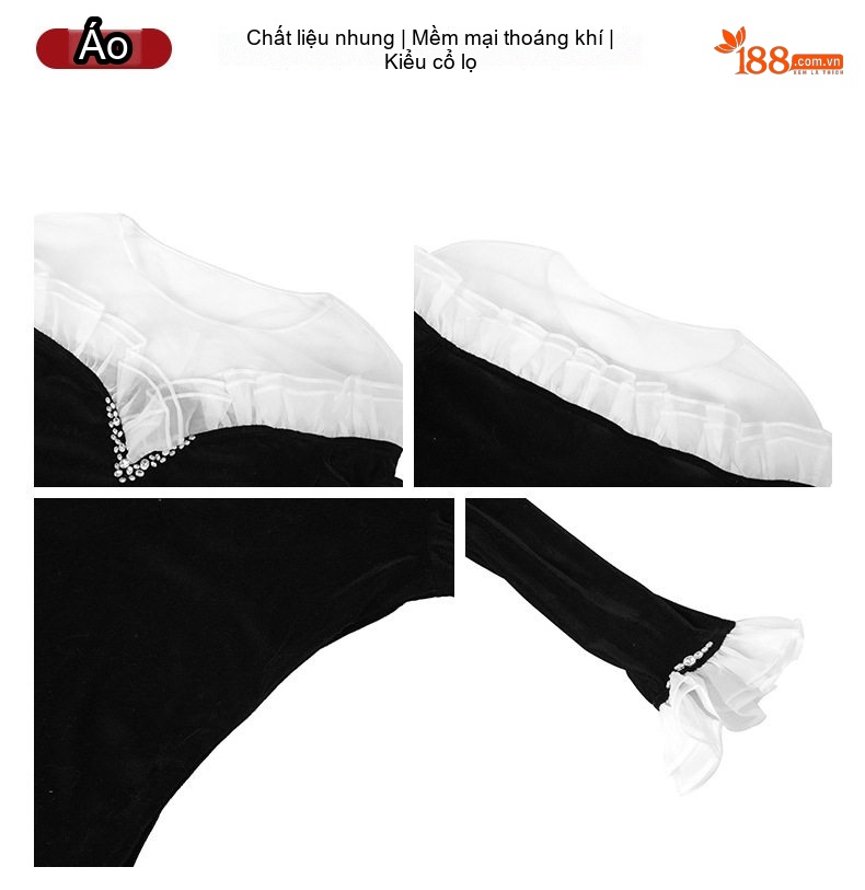 Áo Kiểu Nữ Nhung Tay Loa Cổ Trễ Vai Viền Bèo Nhún Màu Đen chi tiết 3