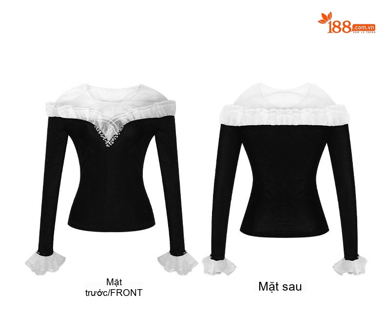 Áo Kiểu Nữ Nhung Tay Loa Cổ Trễ Vai Viền Bèo Nhún Màu Đen chi tiết 4