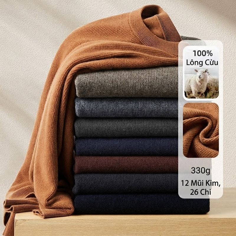 Áo Len Nam 100% Lông Cừu Merino Cổ Tròn Dày Dặn Màu Nâu, Xám, Đen, Xanh Navy