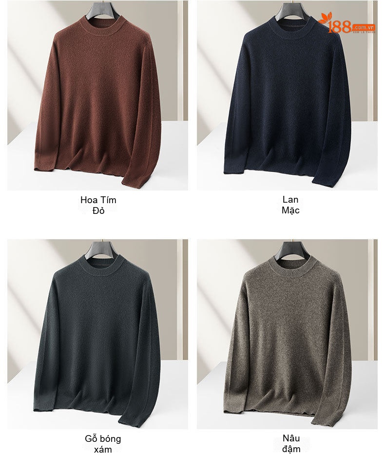 Áo Len Nam 100% Lông Cừu Merino Cổ Tròn Dày Dặn Màu Nâu, Xám, Đen, Xanh Navy chi tiết 6