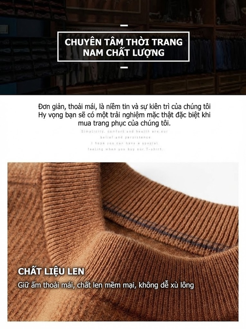 Áo Len Nam 100% Lông Cừu Merino Cổ Tròn Dày Dặn Màu Nâu, Xám, Đen, Xanh Navy chi tiết 7